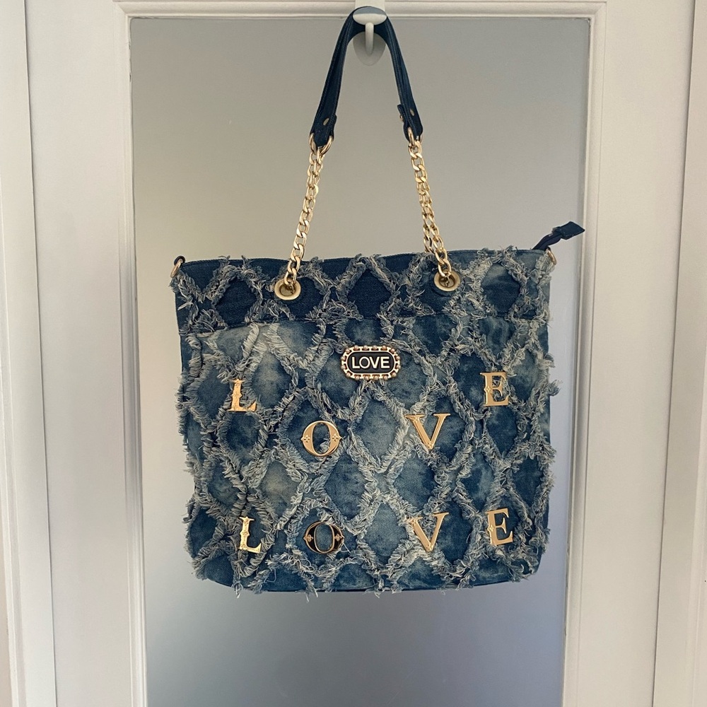 Trendy Distressed Denim Tote with Gold Chain